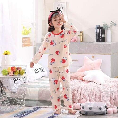 2-14 years Girls Strawberry New style Pajamas Sets Casual Silk Sleepwear Children Pajamas Long Sleeve Tops Pants Nightwear Sets