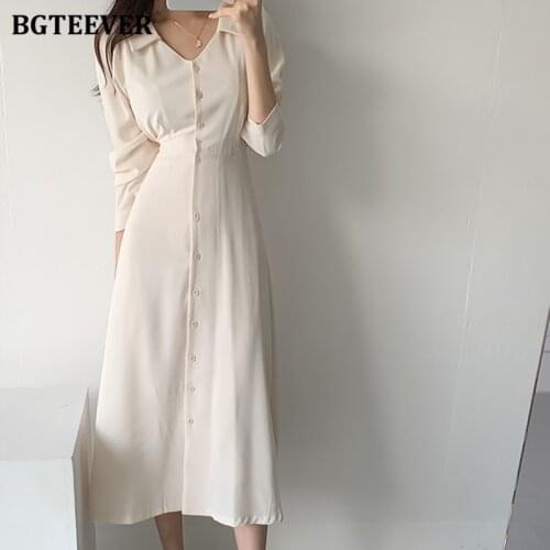 BGTEEVER Elegant V-neck Women A-line Dress 2021 Spring Summer Single-breasted Lace-up Elastic Waist Female Dress Ladies Vestidos