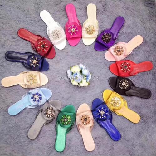 Qianruiti Diamonds Flats Sexy Women Lace Mules Open Toe Slides Summer Casual Slippers Fashion Flat Sandals
