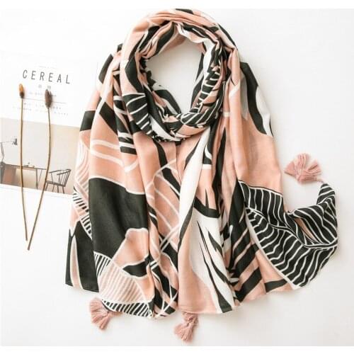 2020 Fashion Women Scarf Flower Leaves Printed Pashmina Pink Cotton Sun Protective Shawl NEW Female Tassels Neck Warm Wraps
