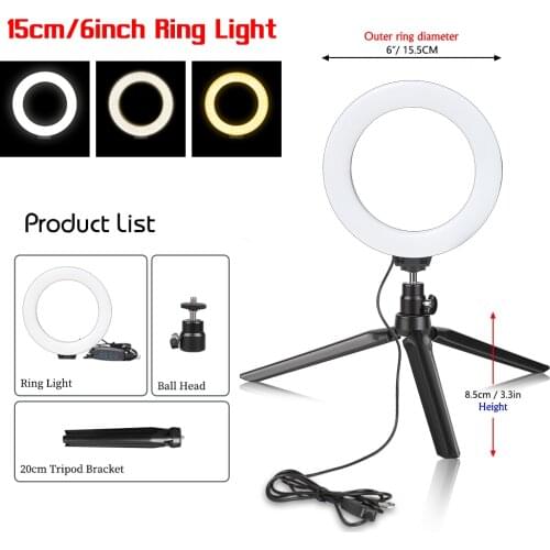 SH 6 inch 16cm Led Ring Light With Tripod Stand Holder Fill Lighting Usb Charge Selfie Led Lamp For Streaming Video Photography