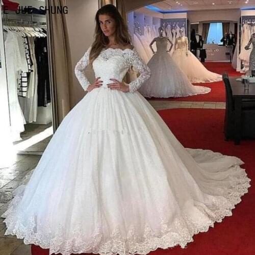 E JUE SHUNG Vintage Princess Ball Gown Wedding Dresses Boat Neck Long Sleeves Lace Appliques Bride Bridal Gowns vestido de noiva