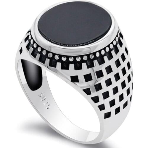 Vintage Mens Ring 925 Sterling Silver Natural Black Onyx Stone Male Rings Small Square Grid Geometric Turkish Handmade Jewelry