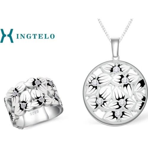 XINGTELO Pendant Chain and Ring 925 Sterling Silver Jewelry Set Enamel Flower White Cubic Zirconia Engagement Gift for Woman