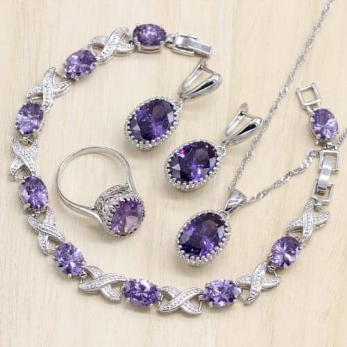 Silver Color Jewelry Purple/Green Cubic Zirconia White Crystal Jewelry Sets For Women Earrings/Pendant/Necklace/Rings/Bracelet