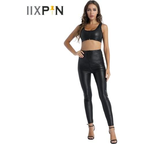 Womens Pole Dace Rave Party Clubwears Patent Leather Scoop Neck Sleeveless Cropped Sexy Vest Tops Zipper Crotch High Waist Pants