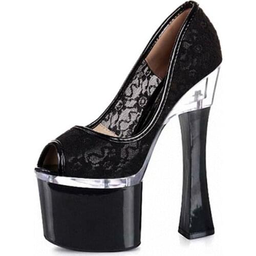 Big:35-45 46 2017 lace shoes woman Newest 18cm Square heels platform Patent Leather peep Toe bridal/wedding pumps