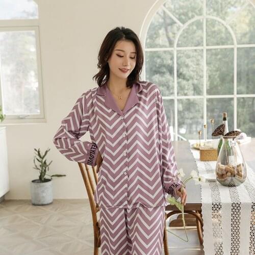 Lady Lounge Striped Print 2PCS Pajamas Set Casual Spring Autumn New Shirt&Pant Home Wear Cute Cartoon Turn-down Collar Nightwear