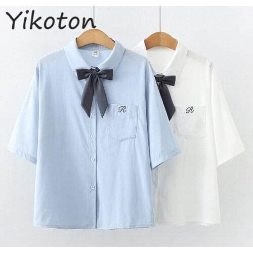 Japanese Clothes Womens Top and Blouses Chiffon Shirt With Bow Short Sleeve Shirts 2021 New Summer Casual Elegant Chemise Femme