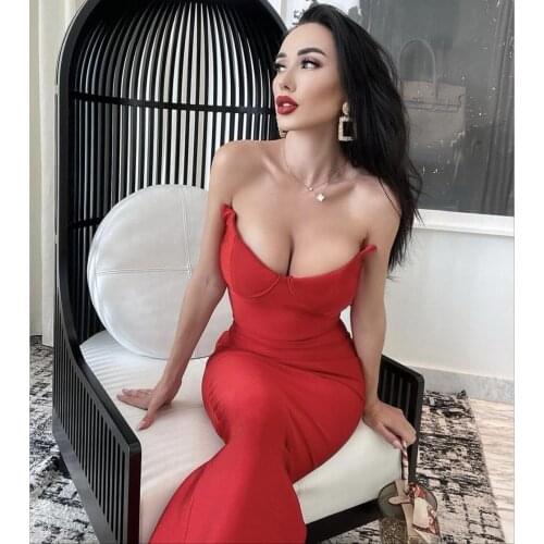 Women Sexy Designer Strapless Long Red Black Bandage Dress Elegant Evening Club Prom Celebrity Bodycon Party Dress Vestido