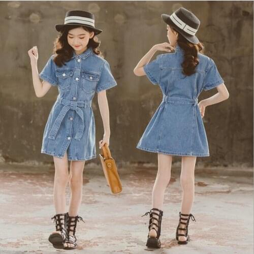 2021 Korean style girls denim dress with belt fashion summer girls dresses 6-11 years B353