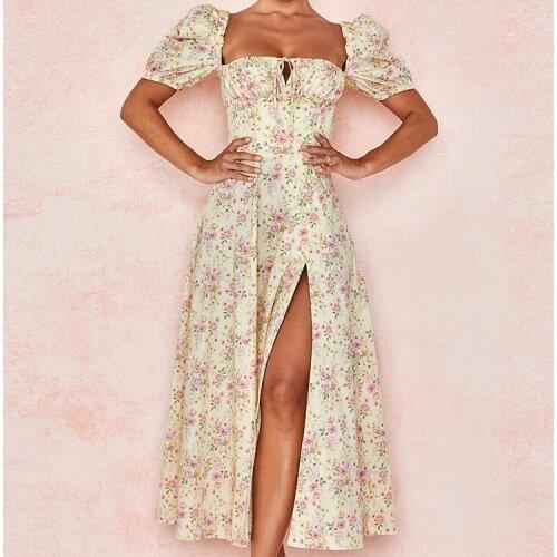 Womens Dress Summer 2021 New Fashion Puff Sleeve Floral Fashion Temperament Split Long Dress Women
