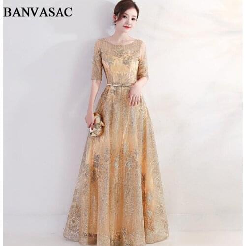 BANVASAC Illusion O Neck Bronzing A Line Long Evening Dresses Party Half Sleeve Metal Leaf Sash Backless Prom Gowns