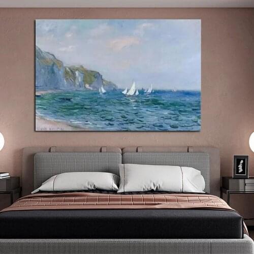 100% Hand Painted Monet Cliffs and Sailboats at Pourville, 1882 Classic Abstract Landscape Wall Art Oil Painting Room Decoration
