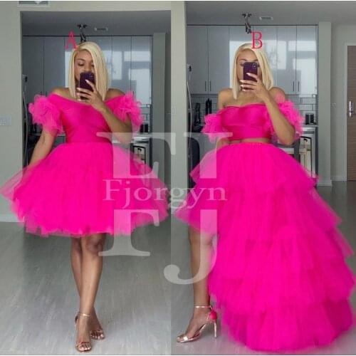 2021 Ins Same Style Fuschia Off Shoulder Short Ball Gown Party Dress Formal Evening Gowns Two Style Fashion Woman Dress