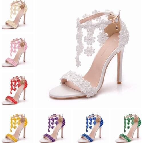 Crystal Queen Women Ankle Strap Sandals Multicolour Lace Flowers Pearl Tassel 11CM & 9CM High Heels Slender Bridal Wedding Shoes