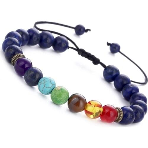 Seven Chakra Stone Bracelets for Women Men Lapis Lazuli Tiger Eye Adjustable Braided Yoga Wheel Bracelet Beaded Bracelet YBR222