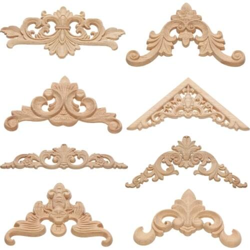 Natural Wood Floral Wooden Carved Wooden Figurines Crafts Corner Appliques Frame Wall Door Furniture Wood Carving Home Decor