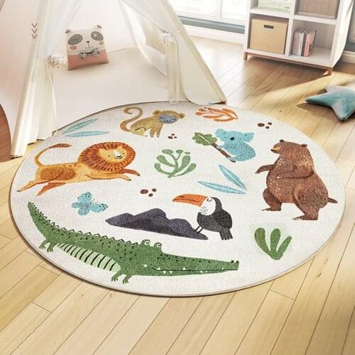 Cute Cartoon Animals Print Non-Slip Floor Mat Kids Play Tent Round Area Rugs Childrens Room Bedroom Bedside Soft Plush Blanket