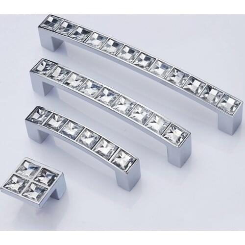 Door Pull Handle Metal Zinc Crystal Diamond 64/96/128mm Hole For Home Furniture Hardware Drawer Dresser Wardrobe Cupboard Knob