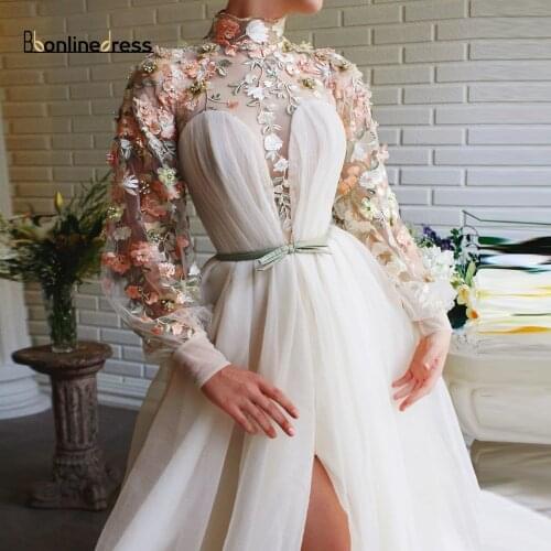 Bbonlinedress Elegant Evening Dresses Lace Applique High Collar Split Formal Prom Dress Plus Size robe de soiree