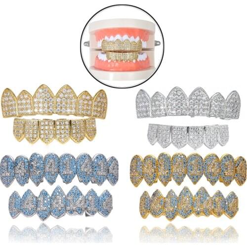 Vampire Grills 1414 Teeth Grillz Hip Hop Denture Bling AAA Cubic Eight Top Bottom Teeth Set For Gift Blue/Gold/Silver Color