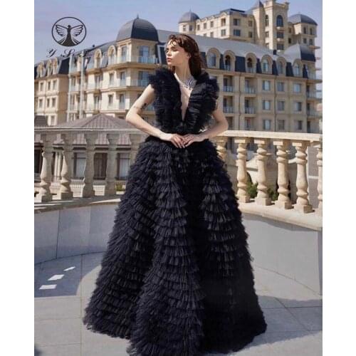 Fashion Vestidos De Fiesta Black Illusion V Neck Tiered A Line Floor Length Black Evening Dresses 2021