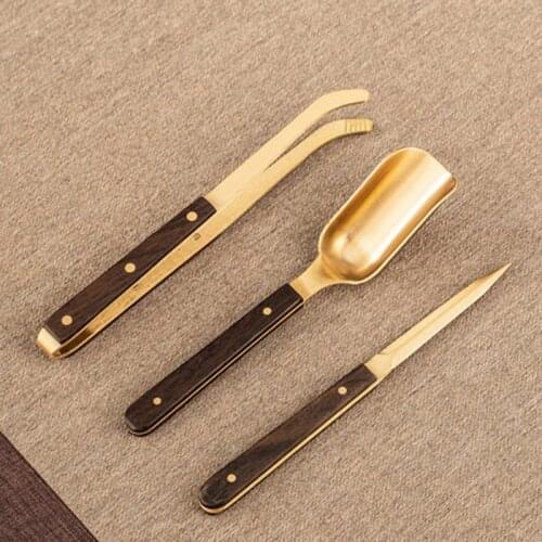 Wooden Handle Tea Tool Set, Chinese Gongfu Tea Ceremony Accessories, Copper Spoon, Needle, Scoop, Clip, Tray, Utensils Set
