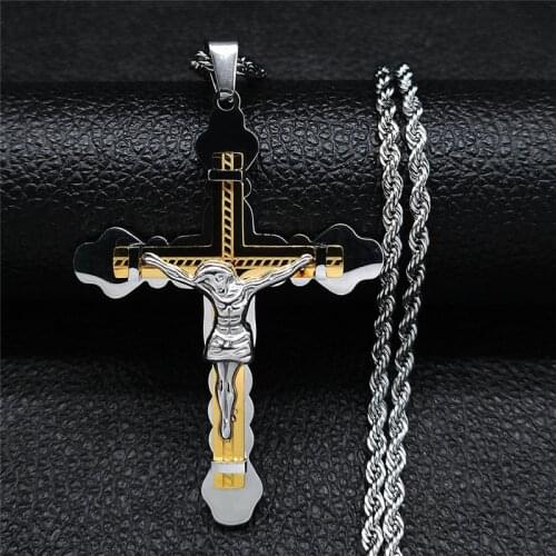 Double Cross Stainless Steel Cross Statement Necklace Women/Men Gold Silver Color Chain Necklace Jewelry collana lunga NXS05