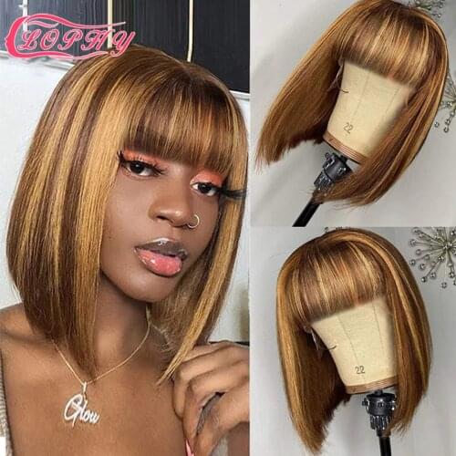 Highlight Short Bob Wig With Bangs Straight Human Hair Wigs Ombre Honey Blonde Human Hair Wig Full Machine Made Wig For Women