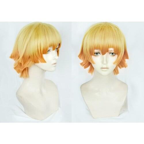 Anime Demon Slayer: Kimetsu no Yaiba Zenitsu Agatsuma Short Golden Brown Wig Heat Resistant Hair Cosplay Costume Wigs +Cap+Track