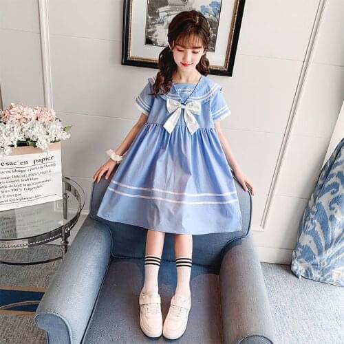 Teen Casual Short-sleeved Dress 2021 New College Knee-length Style Navy Collar Cotton Sailor Collar Tuxedo Dress