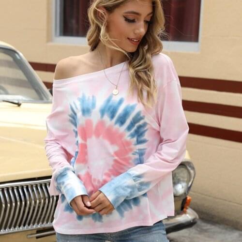 Spring Autumn Cotton Womens T-Shirt Slash Neck Long Sleeve Pullover Dew Shoulder Floral Print Loose Fashion Casual T-Shirt