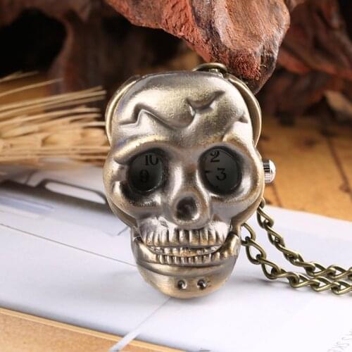 Little Cute Skull Quartz Pocket Watch Retro Steampunk Ghost Necklace Pendant Clock Chain Gifts for Men Women Kid As Collectibles