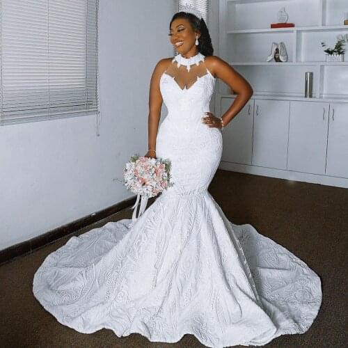 African Mermaid Wedding Dresses Sheer Neck Illusion Plus Size Wedding Dress Lace Appliques Back Zipper Bridal vestido de noiva