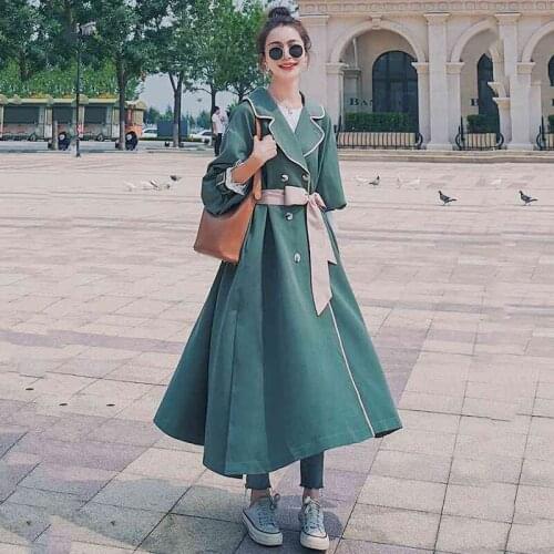 Womens Long Windbreaker2021Spring Autumn New Gentle Wind Lace Hem Korean Loose Lapel Long-Sleeved Belted Fashion Coat Female76X