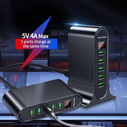 5 port USB Mobile Phone Charger LED Display Charger For Xiaomi Samsung Multi Phone Desktop Wall Home Charger Travel USB Charging