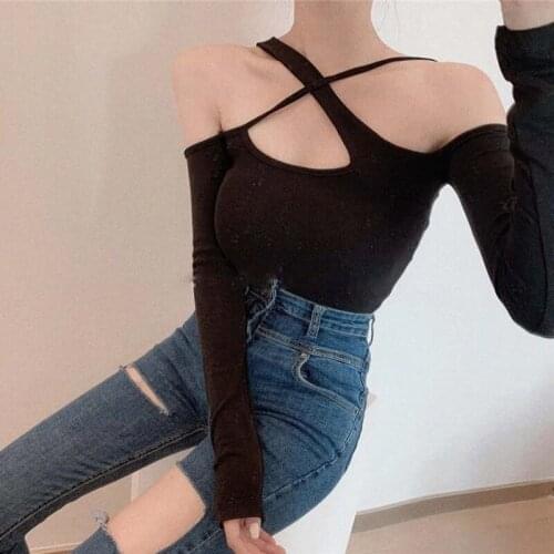 Autumn Korean Sexy T Off Shoulder Hanging Neck Long Sleeve Shirt Women Tshirt T-shirt Tight Chest Showing Solid Color Base Coat