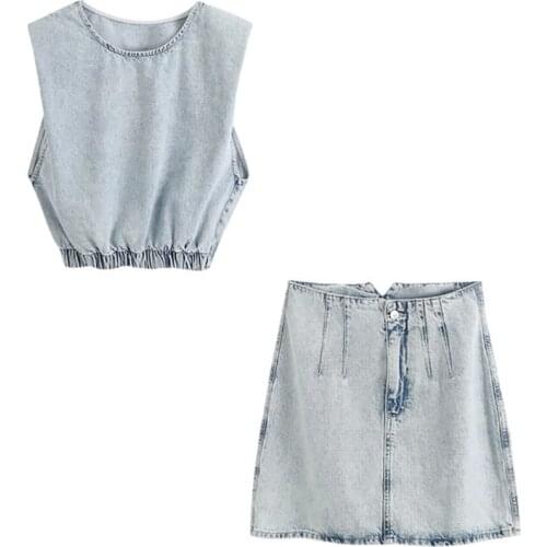 2020 Summer New Arrive Simple Design 2 Piece Set O-neck Sleeveless Elastic Wait Top and Empire Mini Skirt Denim 2 Piece Outfits
