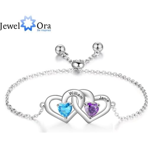 JewelOra Customized 2 Birthstones Adjustable Chain Bracelet Personalized Intertwined Hearts Engraved Name Bracelets for Women