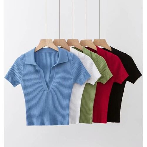 Women Short Sleeve Sweater Trendy Girls Summer Knit Top Sexy V-neck Cute Knitted Sweater Crop Top Blue Knitwear Vintage Pullover