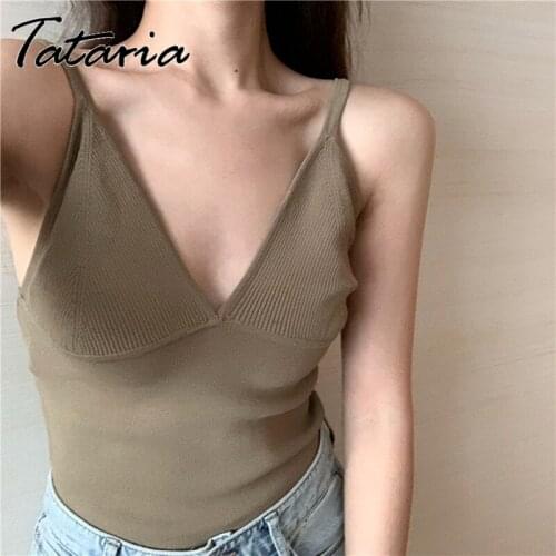 Womens Camisole Knitted Vest 2021summer Sling Deep-V Tanks Tops Female Sexy Sleeveless Top Casual Green Slim Sling Korean Style