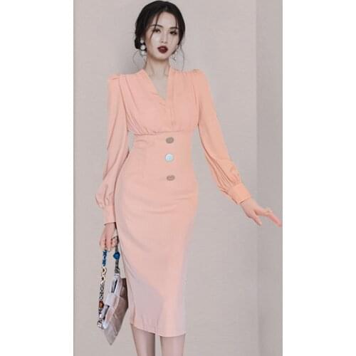 2021 Women V-Neck Sexy Brand Design Elegant Pink Single Breasted Slim Spring Dress Long Sleeve Luxury Party Midi Dress Clothes