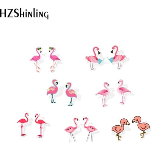 2019 New Pink Flamingo Acrylic Earring Funny Flamingos Resin Earrings Birds Stud Ear Gifts Children Epoxy Earring