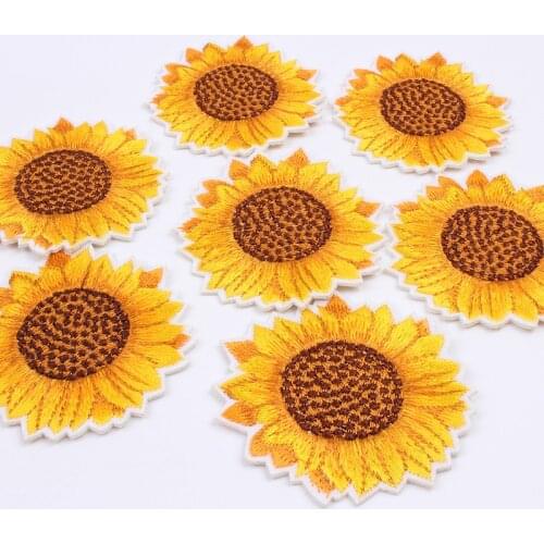 5pcs Embroidered Golden Sunflower Sticker Iron On Clothes Patch DIY Jeans Coats Bags Self-adhesive Appliques Flower Shirt Badge