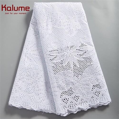 Kalume African Swiss Voile Lace Fabric 2021 White Cotton Lace Fabric Stones Nigerian Swiss Lace Fabric For Diy and Sewing H2496