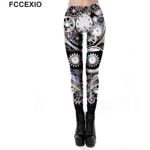 FCCEXIO Halloween Party The Clocks Gear Pattern 3D Print Sexy Plus Size Leggins Casual Workout Fitness Pants Punk Steam Legging
