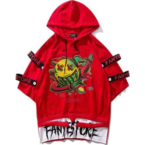 Ribbon T Shirts Smile Face print Oversize men Hooded top tee Short Sleeve Streetwear tshirt wholesale Casual fashion man clothes