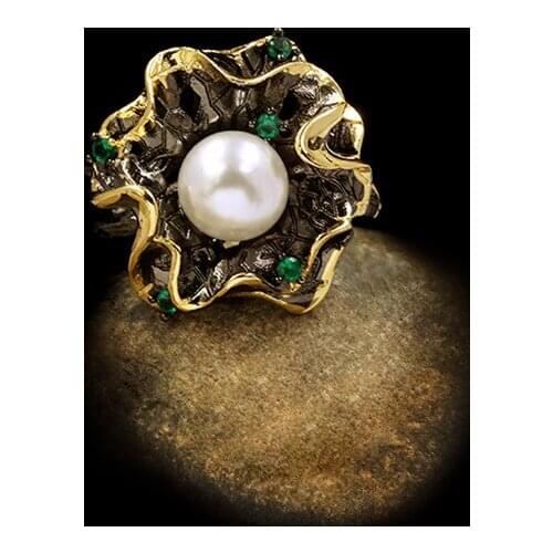 Exquisite Unique Design Freshwater Pearls Flower Leaf Banquet Ring 925 Silver Black Gold Rings Wedding Party Vintage Jewelry