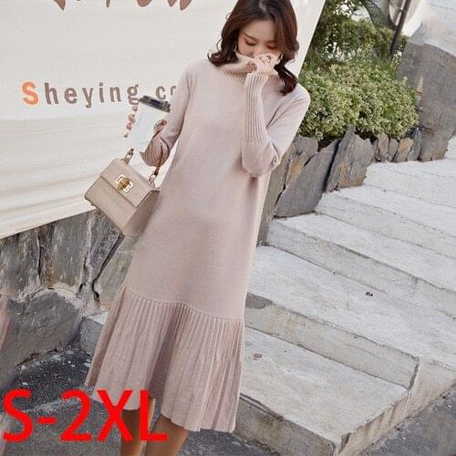 Korean version of the pleated high-necked knit long-sleeved long knit sweater dress 2019 autumn and winter